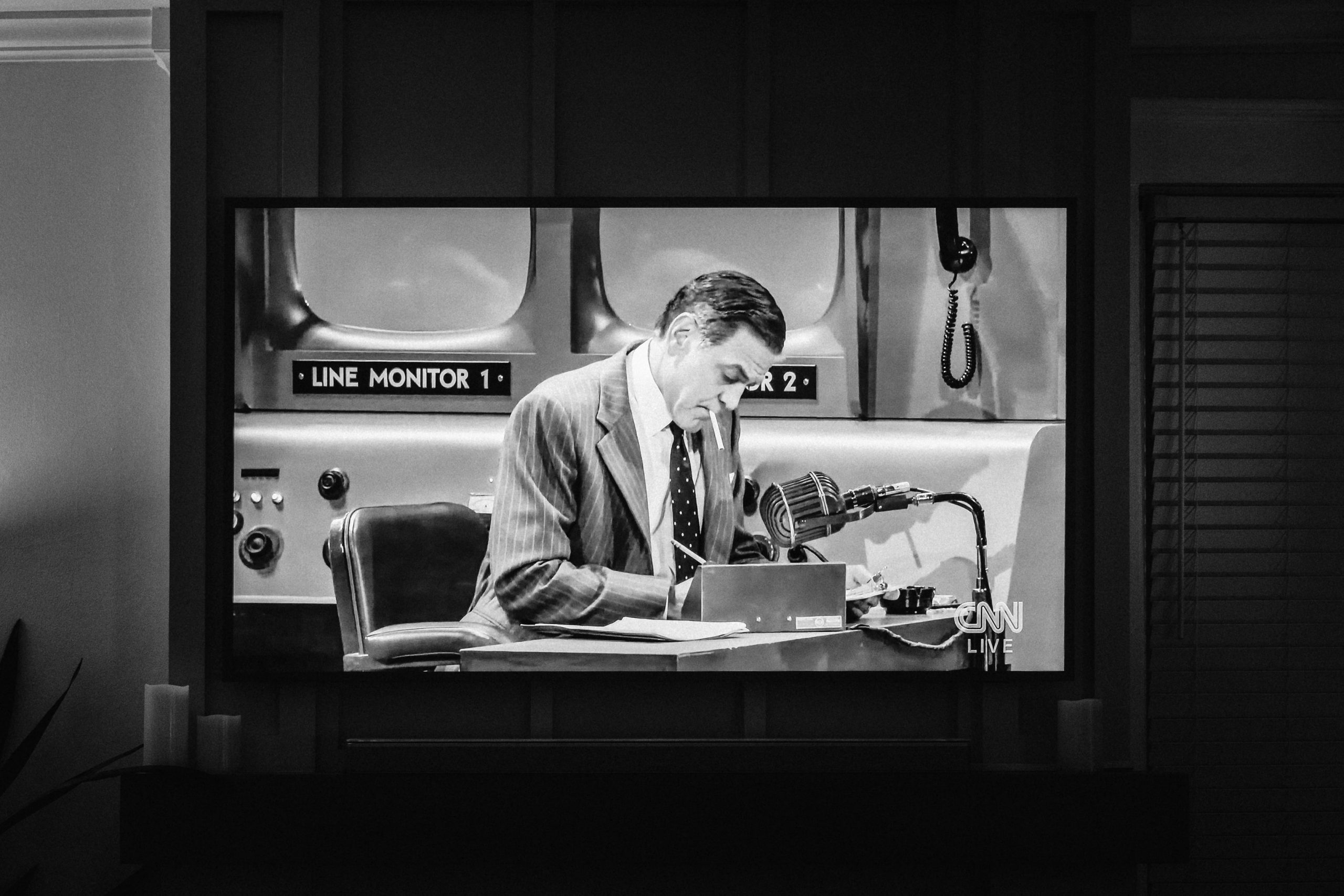 George Clooney on TV playing Edward R Murrow in a live streamed stage production of Good Night and Good Luck